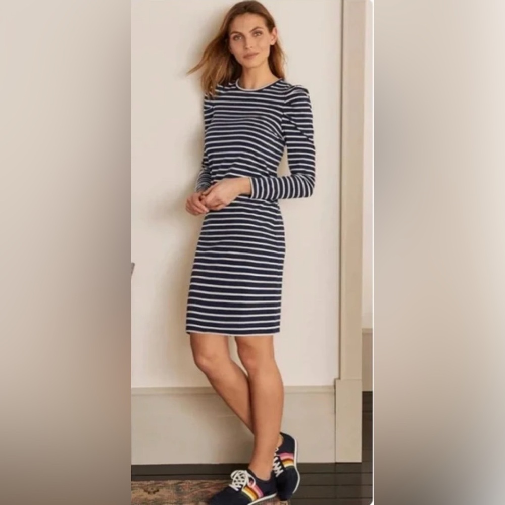 Boden Imogen Breton Long Sleeve Dress in Navy / Ivory Stripe Size 6L